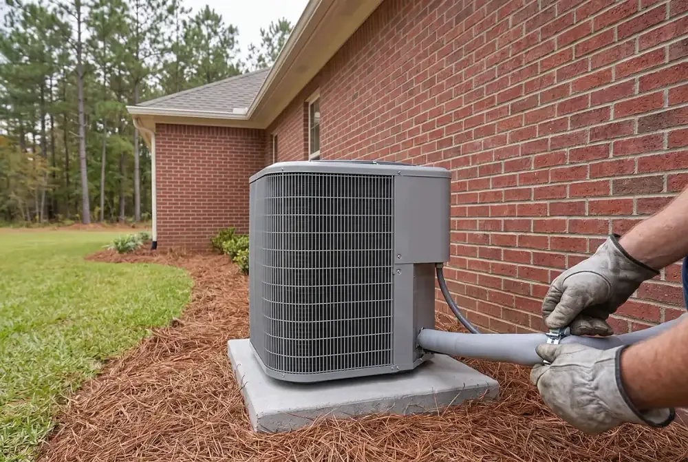 New outdoor air-conditioning condenser on a concrete pad beside a brick wall