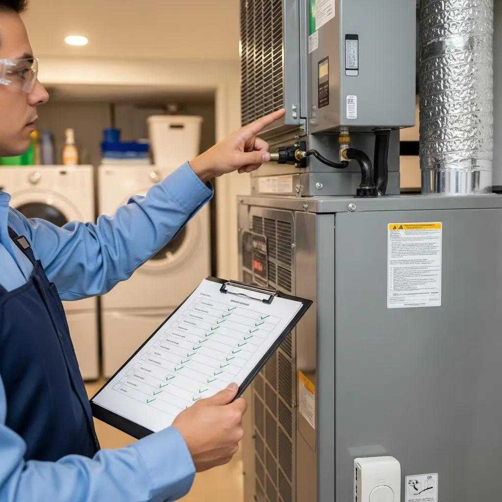 Technician inspecting HVAC system with a maintenance checklist in a home environment