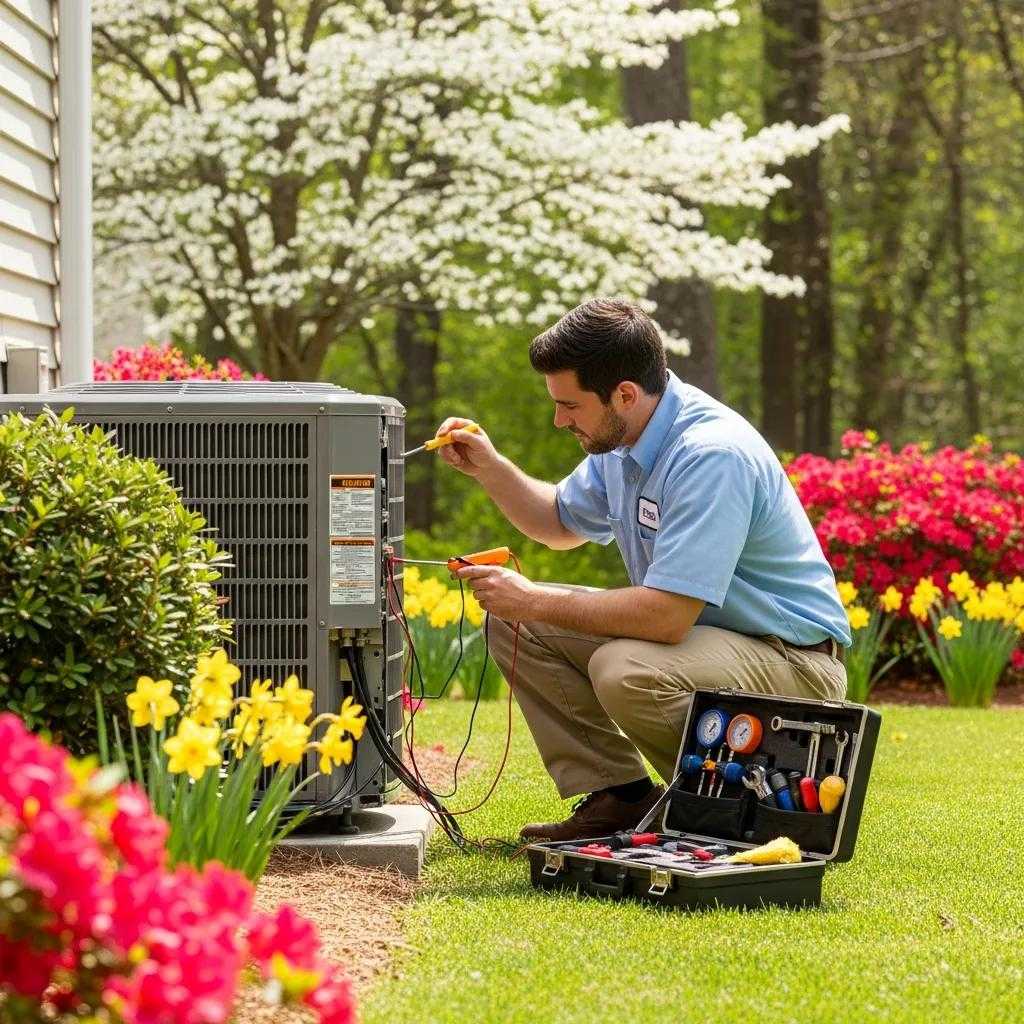 Technician performing HVAC tune-up in a sunny Georgia backyard with blooming flowers