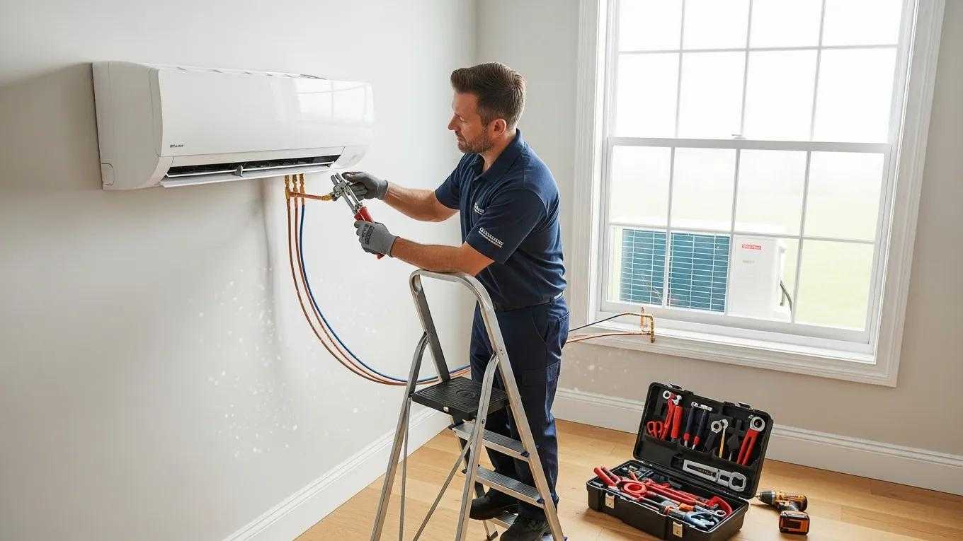 Professional technician installing a new air conditioning unit in a modern home
