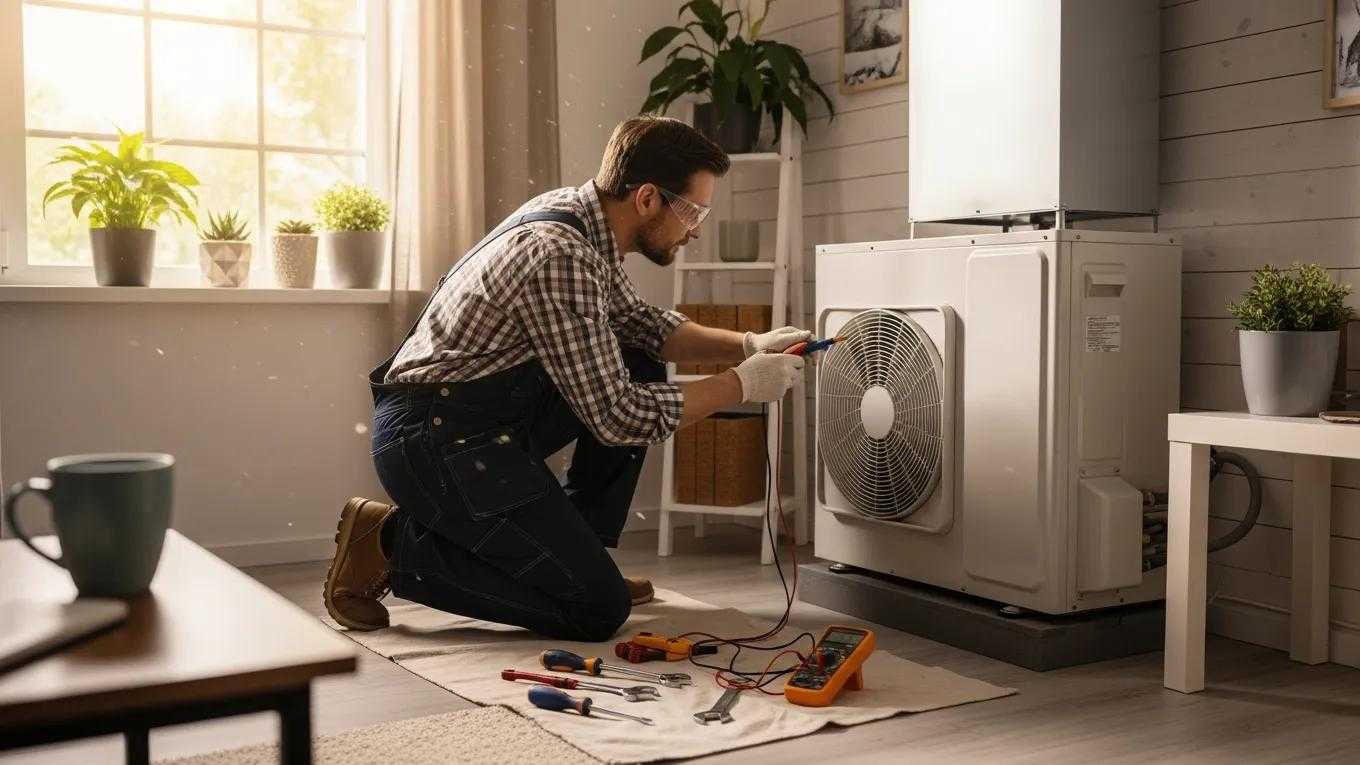 Homeowner inspecting HVAC system with tools in a cozy indoor environment