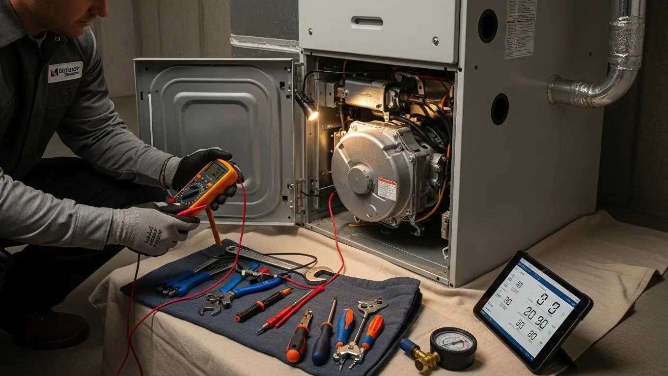 Technician diagnosing furnace issues in a home utility room