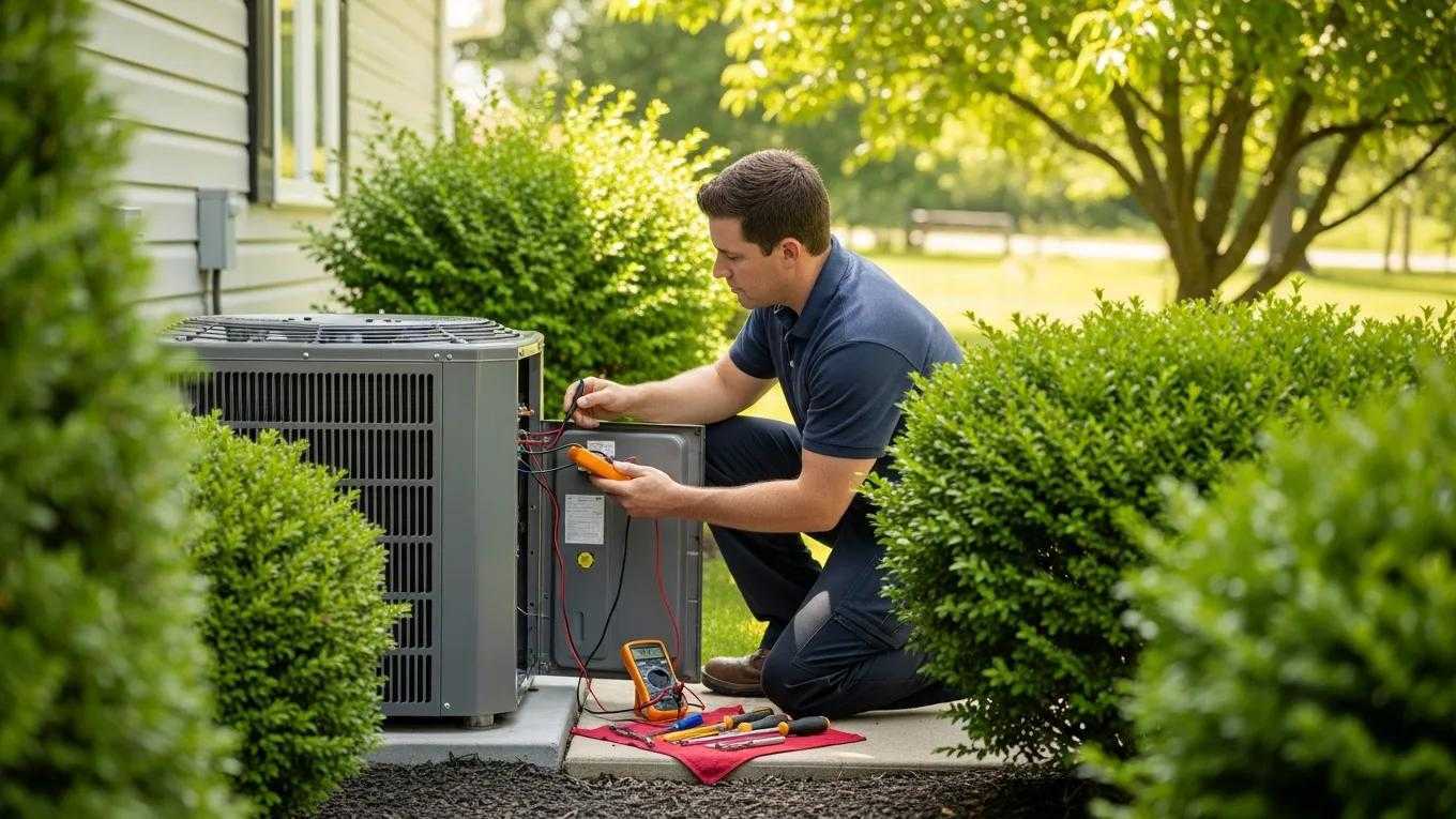 Technician repairing air conditioner in a residential yard