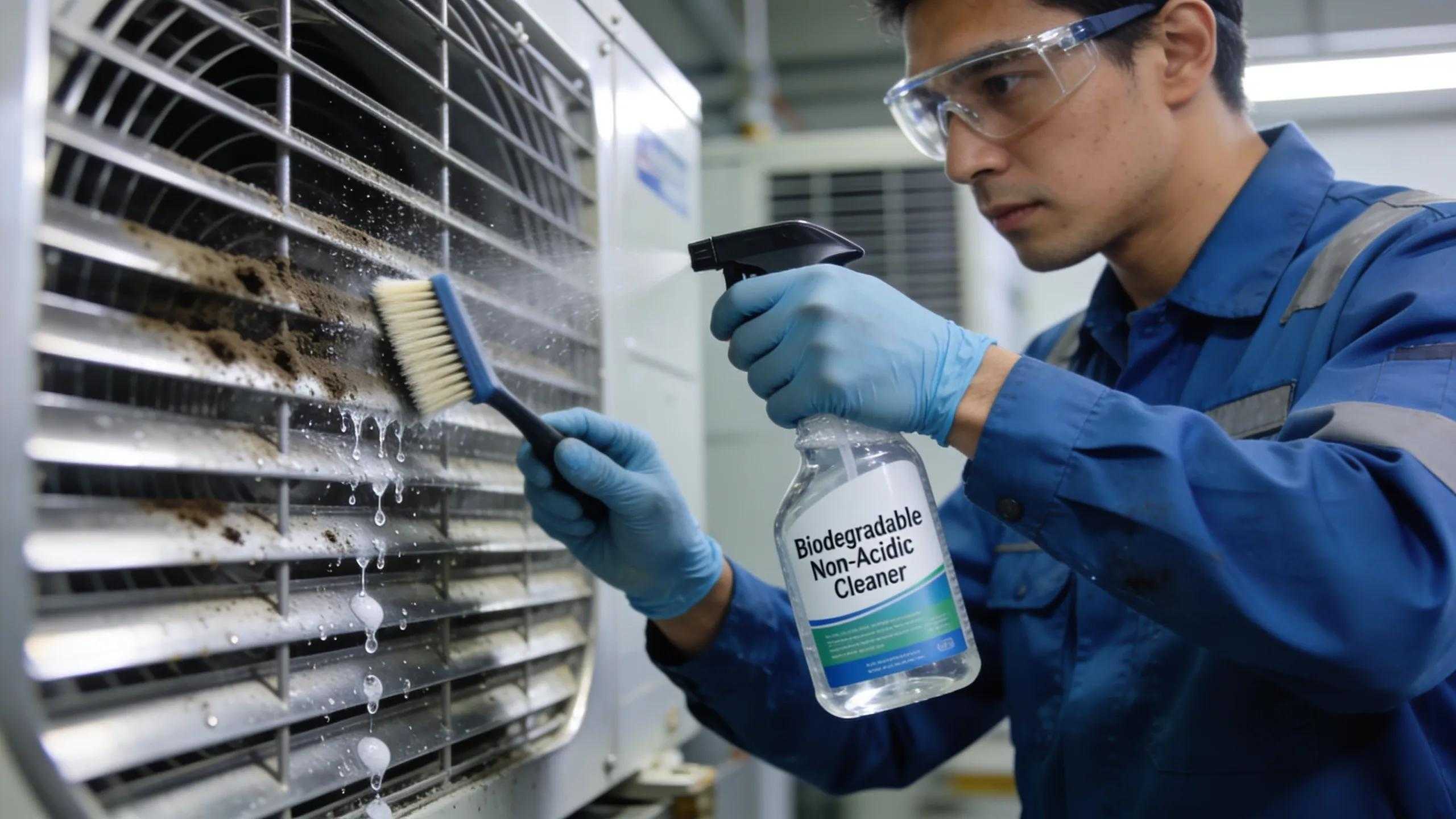 Technician applying non-acidic cleaner to HVAC coil, showcasing effective cleaning technique
